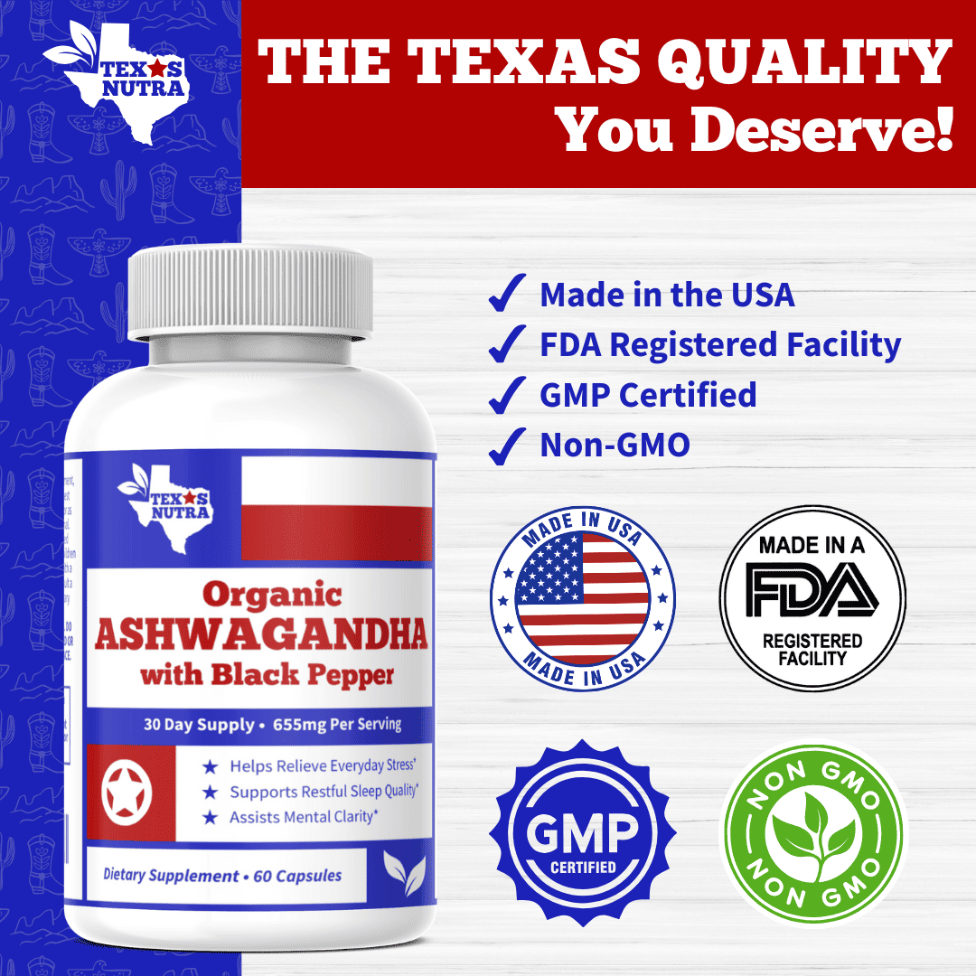 Texas Nutra supplement bottle with certification badges: made in USA, GMP, non-GMO