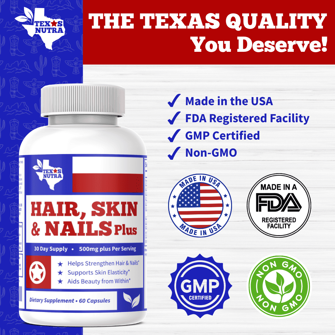 Dietary supplement bottle with white cap and quality badges on label
