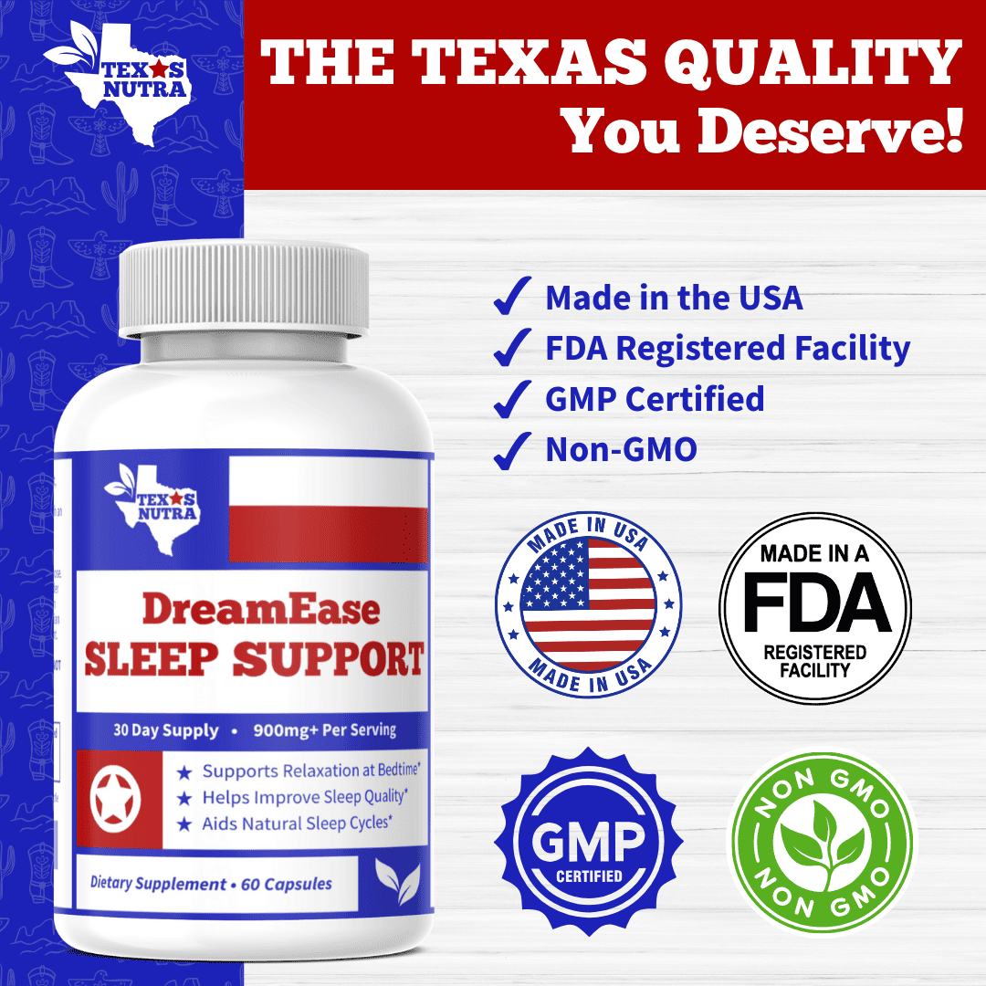 DreamEase Sleep Support bottle front with badges: Made in USA, FDA registered facility, GMP
