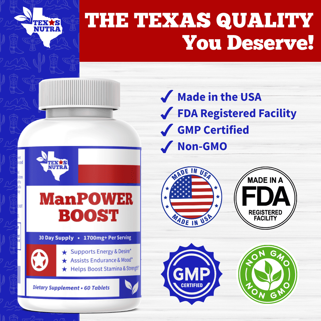 Dietary supplement bottle with quality badges: Made in USA, FDA-registered, GMP, Non-GMO