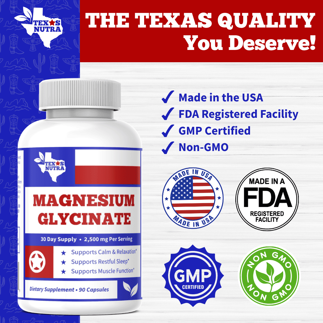 Magnesium glycinate bottle with badges: Made in USA, FDA, GMP, Non-GMO