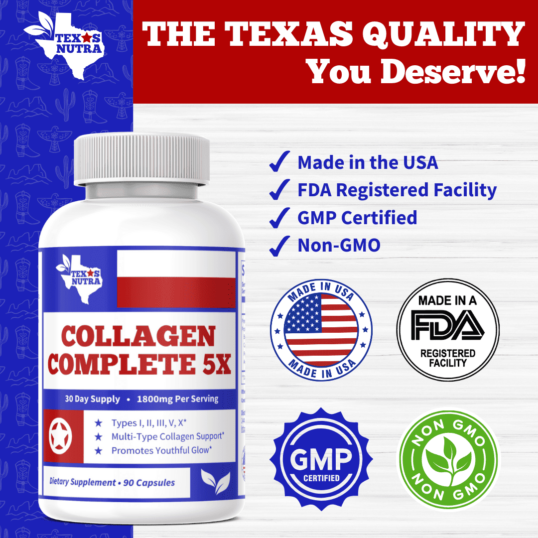 Collagen supplement bottle with silver cap and certification badges (Made in USA, GMP)