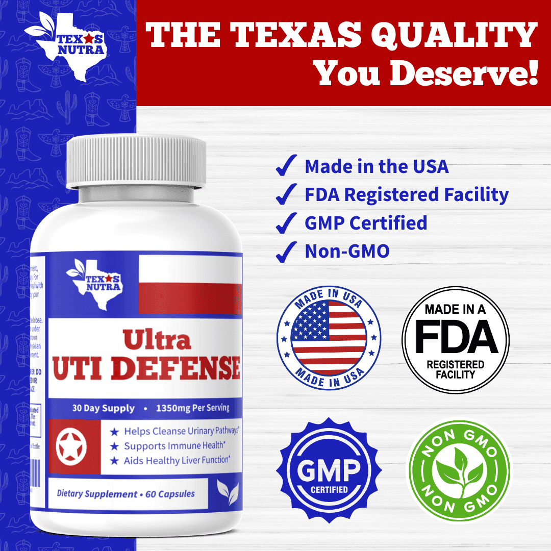 Dietary supplement bottle with white cap and blue-red label with quality badges