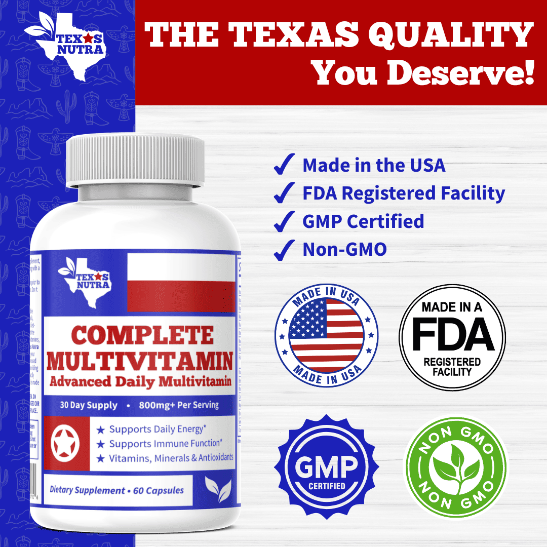 Multivitamin supplement bottle with gray cap; badges include GMP Certified and Non-GMO