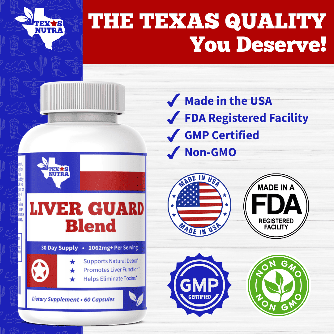 Liver Guard Blend supplement bottle with badge icons and red-blue label
