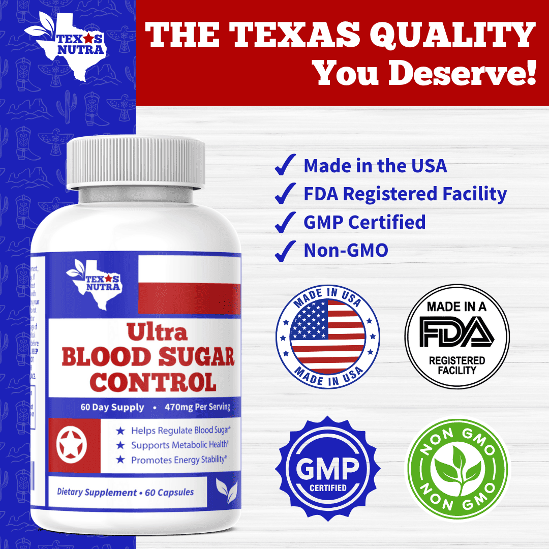 Blood sugar control supplement bottle with quality assurance badge icons