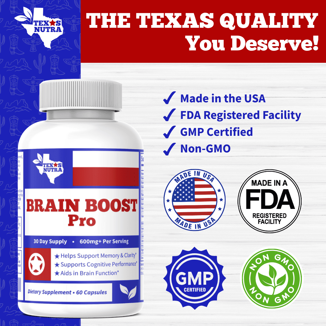Supplement bottle with quality badges: Made in USA, FDA registered, GMP and Non-GMO