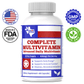 Multivitamin supplement bottle with gray ribbed cap; front label in red and blue