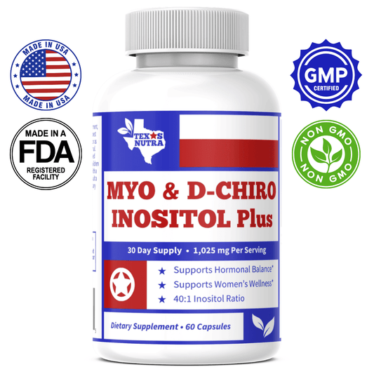 White supplement bottle with blue and red label reading Myo & D-Chiro Inositol Plus