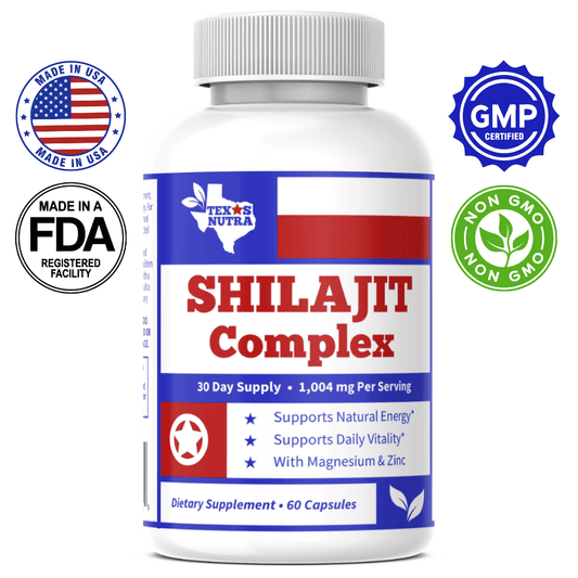 Shilajit Complex dietary supplement bottle, white cap, blue-red label, 60 capsules
