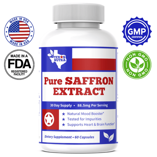 White ribbed-cap saffron extract supplement bottle with front label