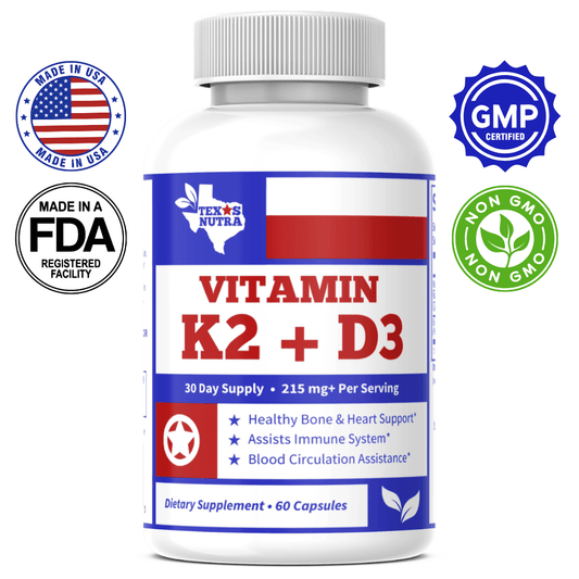 Vitamin K2 + D3 supplement bottle with white ribbed cap, blue/red front label