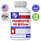 Probiotic supplement bottle with silver ribbed cap; red-blue label reads "Probiotic 60 Billion"