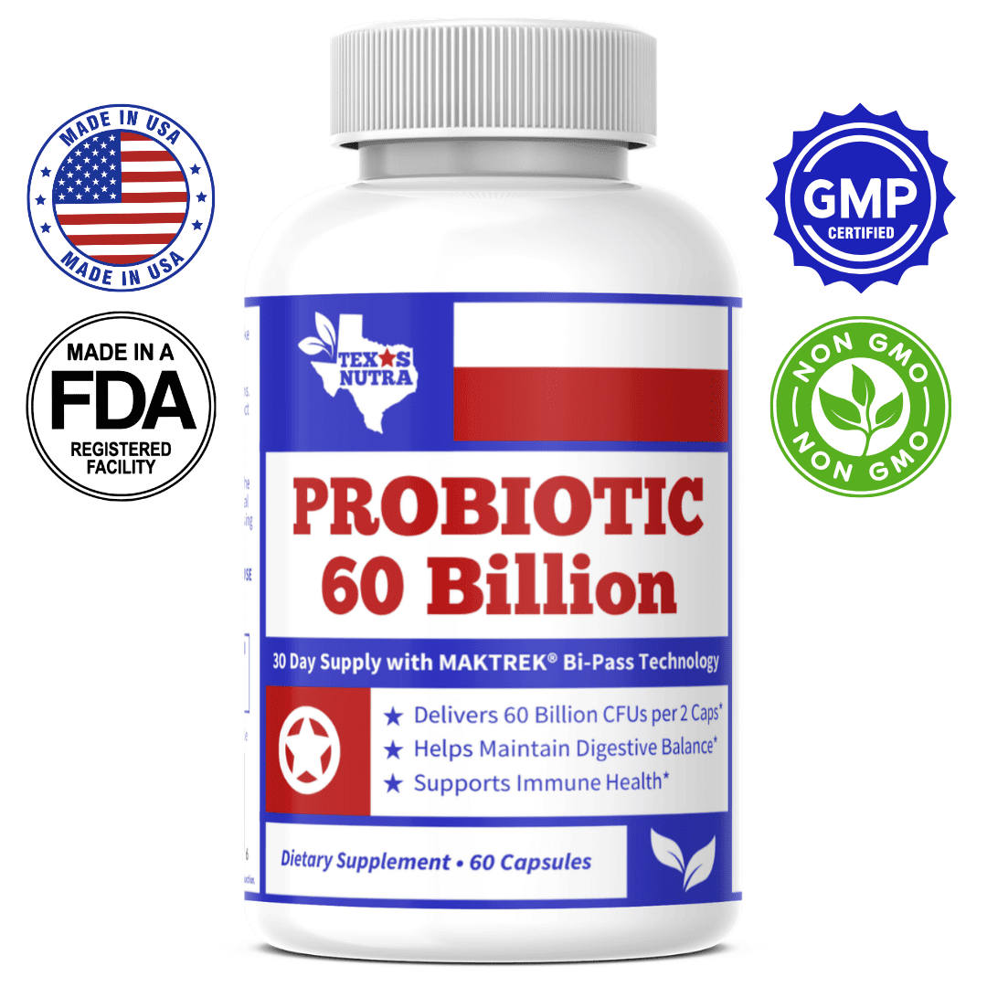 Probiotic supplement bottle with silver ribbed cap; red-blue label reads "Probiotic 60 Billion"