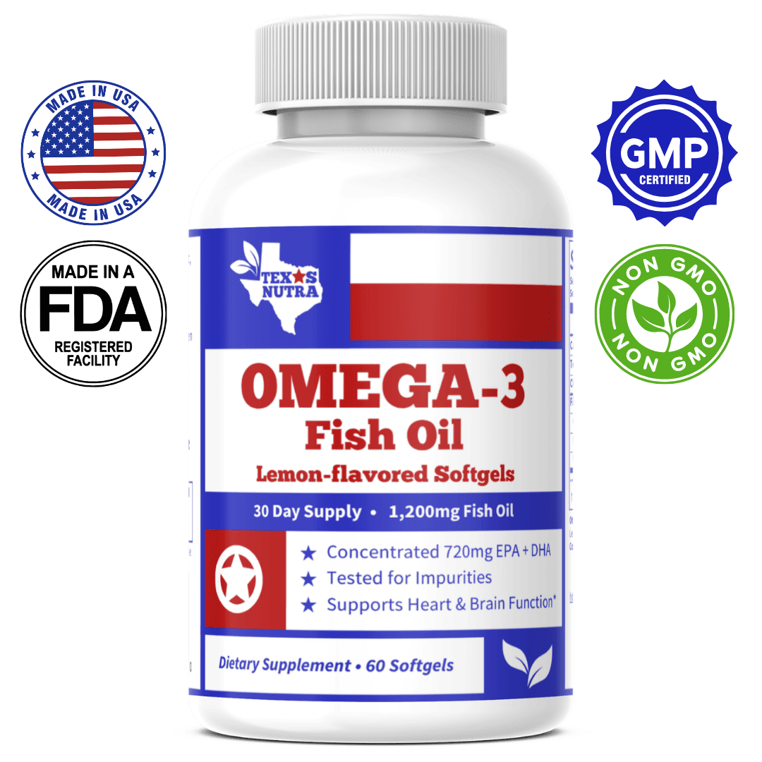 Omega-3 Fish Oil lemon-flavored softgels bottle with ribbed white cap, front label.