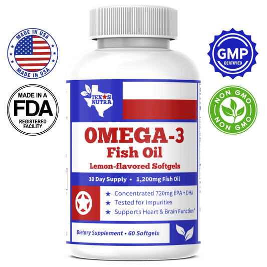 Omega-3 Fish Oil lemon-flavored softgels bottle with ribbed white cap, front label.
