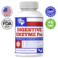 Digestive enzyme supplement bottle with ribbed white cap and blue-red front label