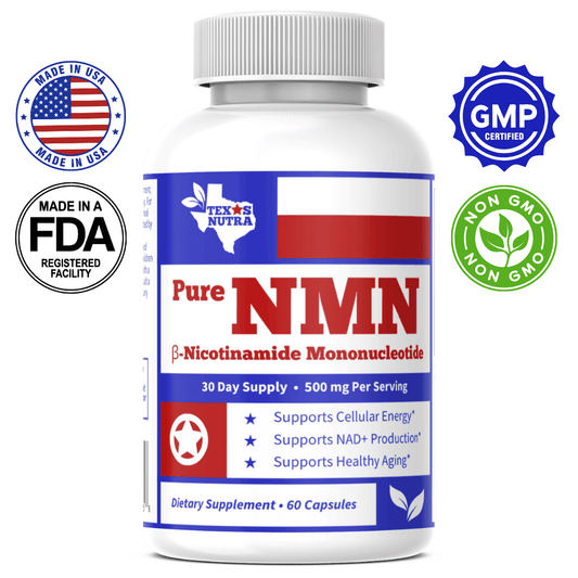 NMN dietary supplement bottle with ribbed white cap and blue-red label