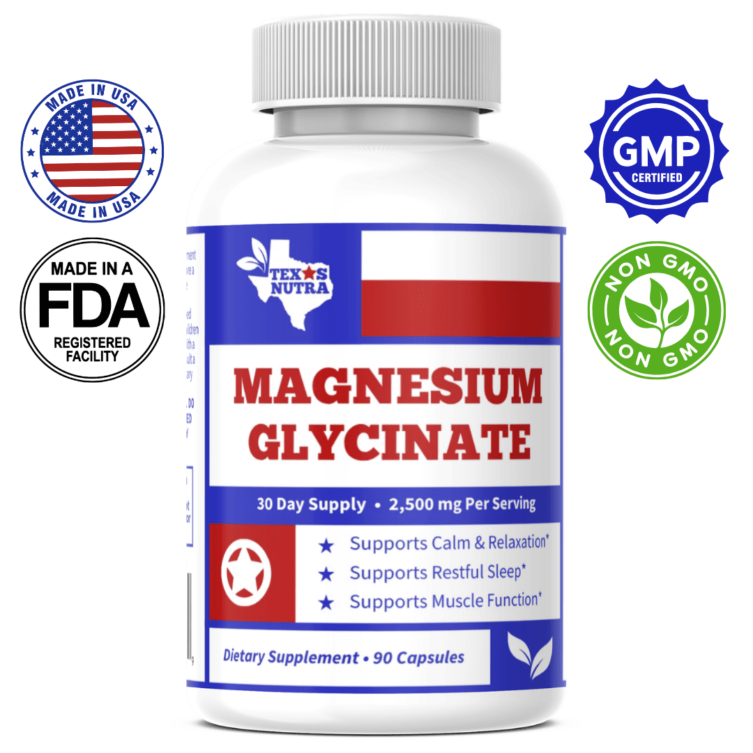 Magnesium glycinate supplement bottle with white cap and red/blue label