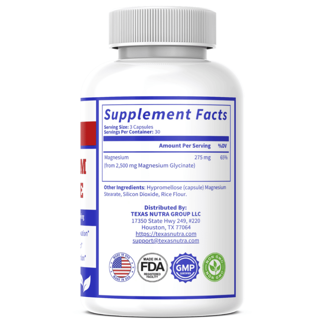 Magnesium glycinate supplement bottle back label with Supplement Facts panel