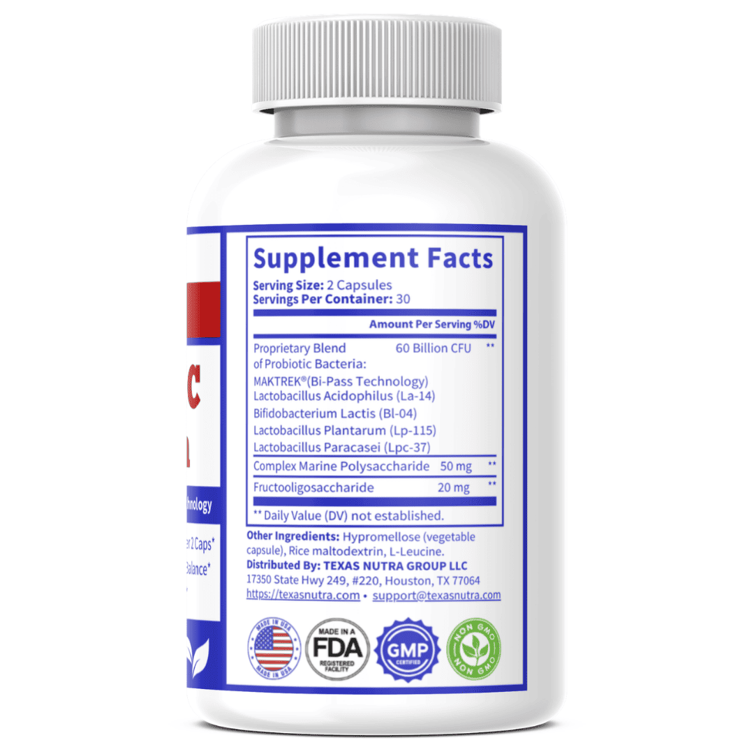 Probiotic supplement bottle back label with "Supplement Facts" and FDA/GMP/non-GMO badges