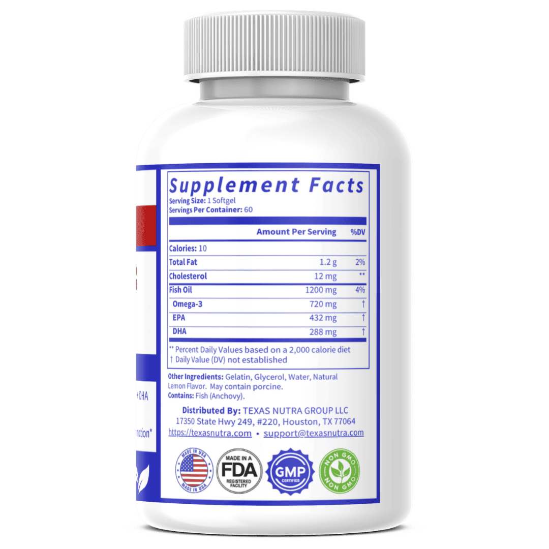 Omega-3 Fish Oil softgels bottle showing back Supplement Facts panel, ribbed white cap.