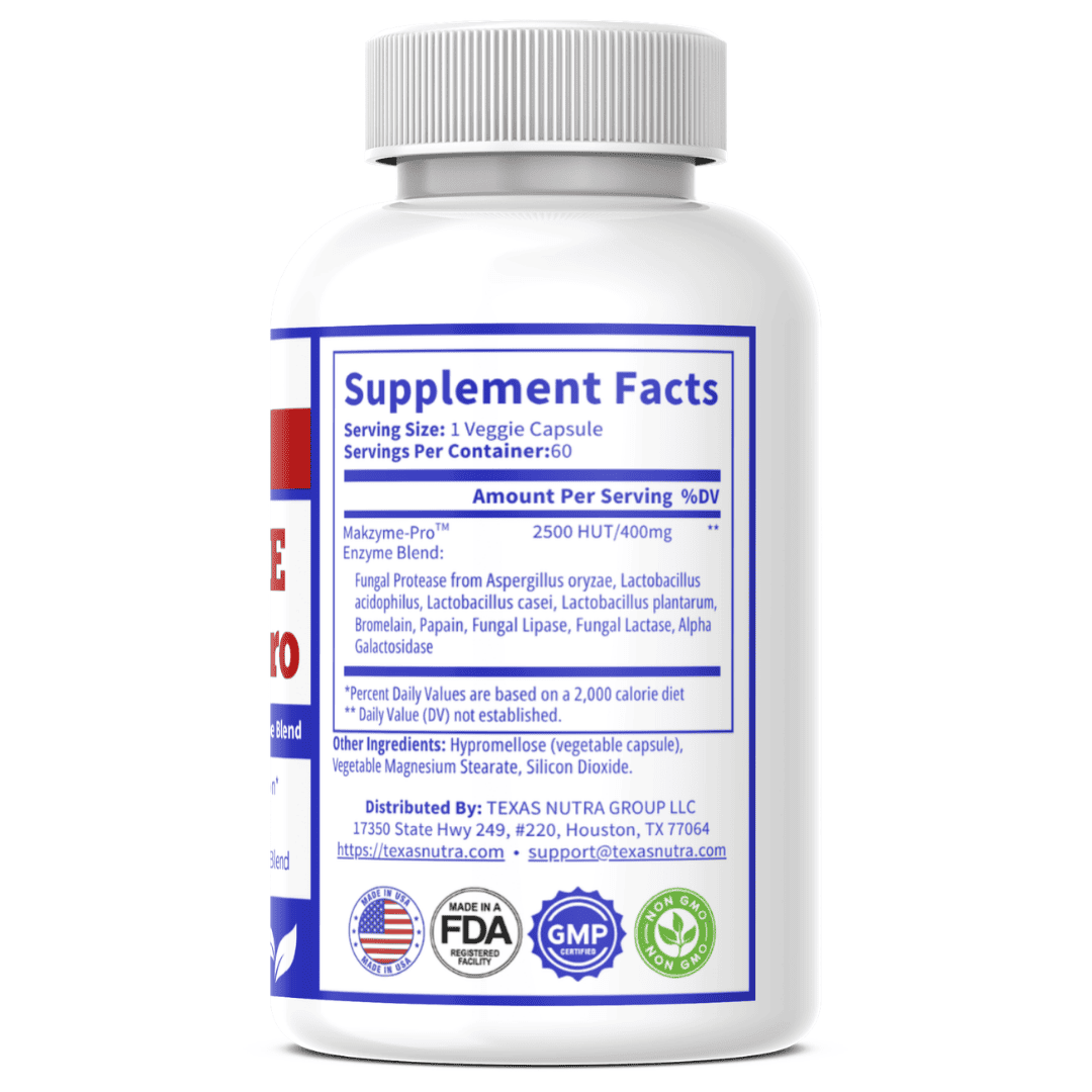 Digestive enzyme supplement bottle back label with Supplement Facts panel