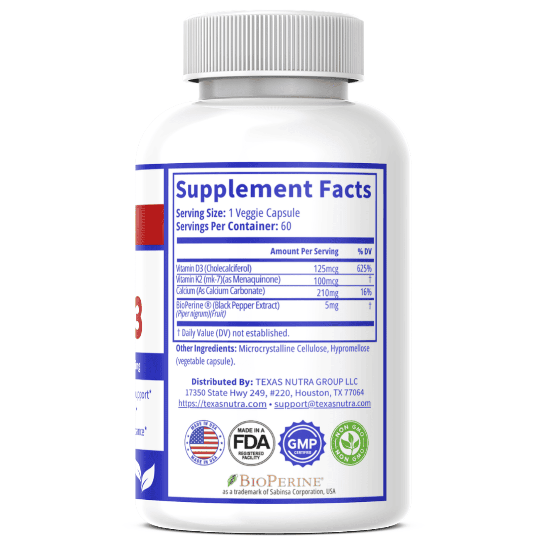 Vitamin K2 + D3 supplement bottle back label with Supplement Facts panel