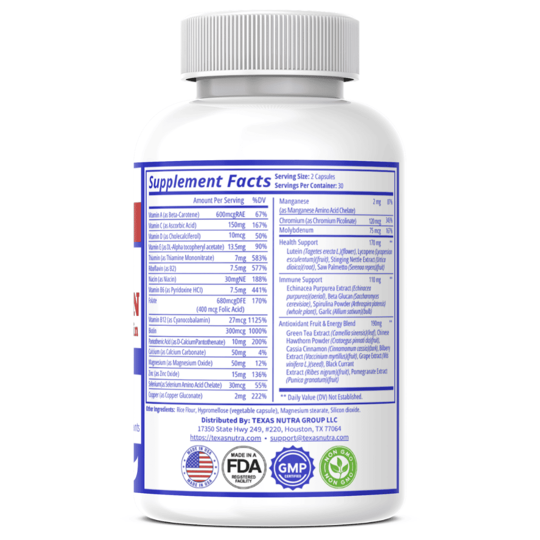 Multivitamin supplement bottle with gray cap; back label shows Supplement Facts table
