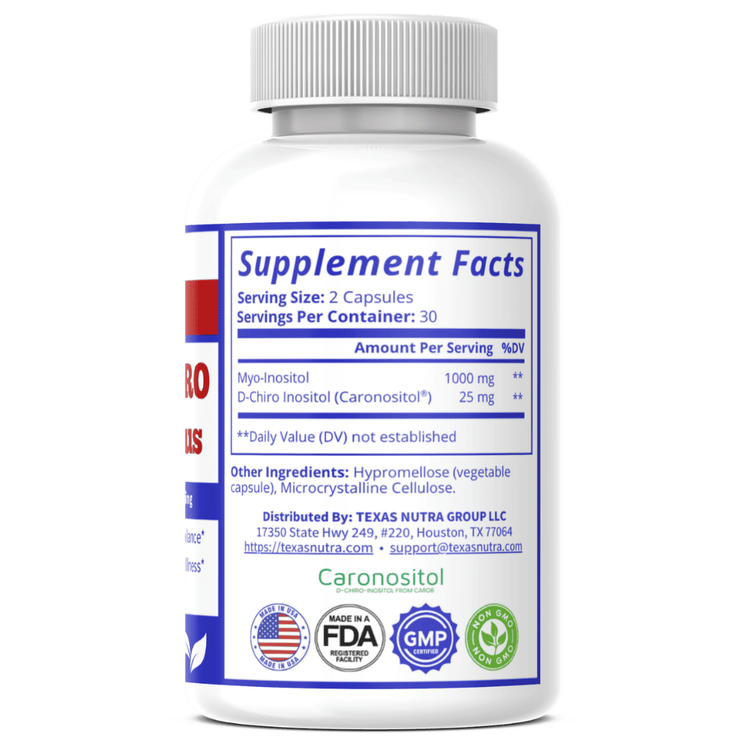 Back label of Myo & D-Chiro Inositol Plus supplement bottle with Supplement Facts