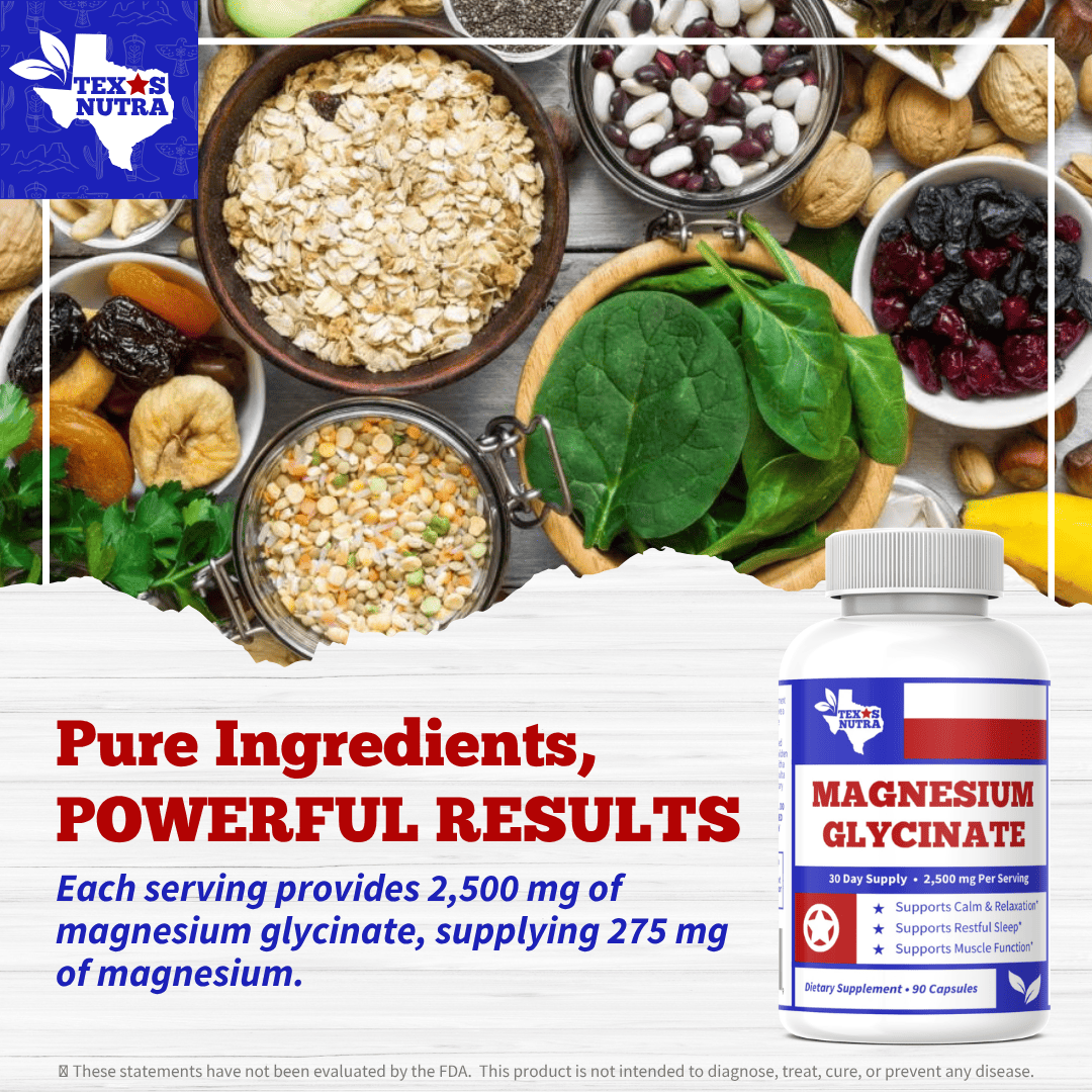 Magnesium glycinate bottle with red/blue label showing 275 mg and 90 capsules
