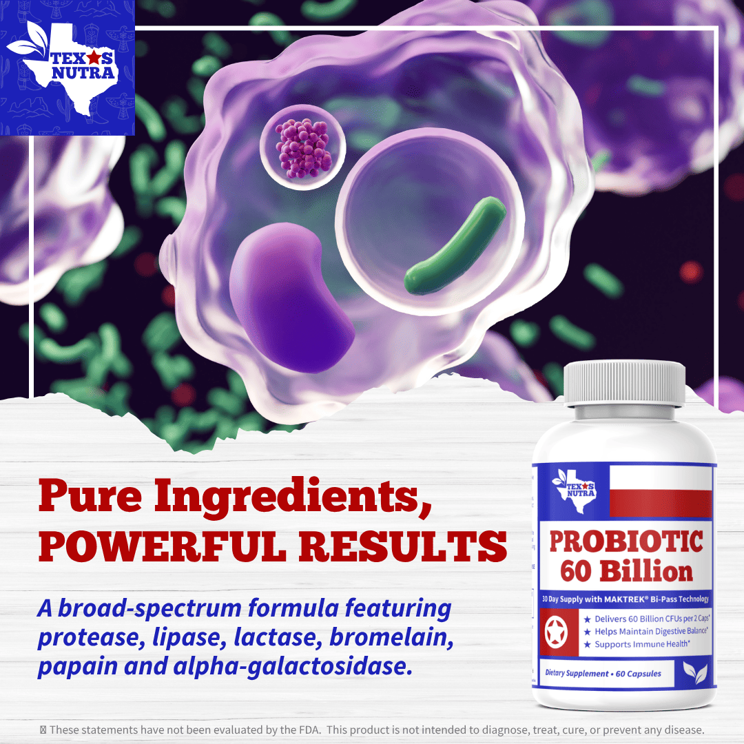 Probiotic supplement bottle with front label showing red "PROBIOTIC" and "60 Billion"