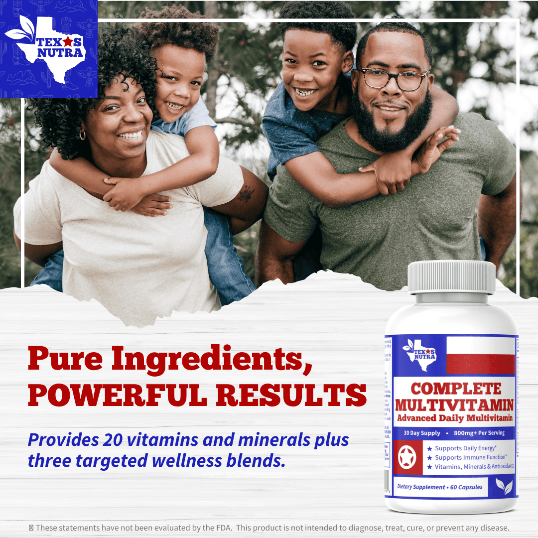 Multivitamin supplement bottle with gray cap; red and blue front label