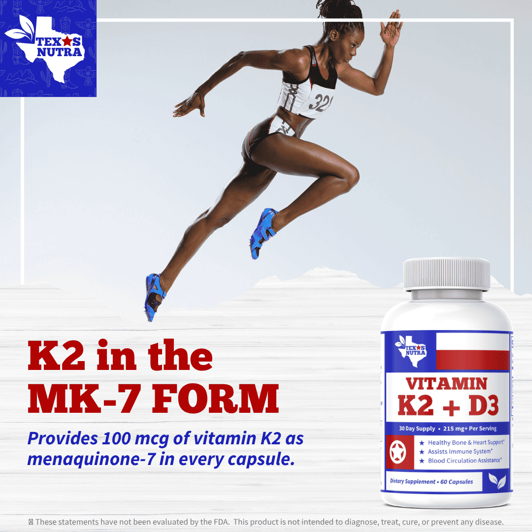 Vitamin K2 + D3 supplement bottle with white cap and blue/red front label