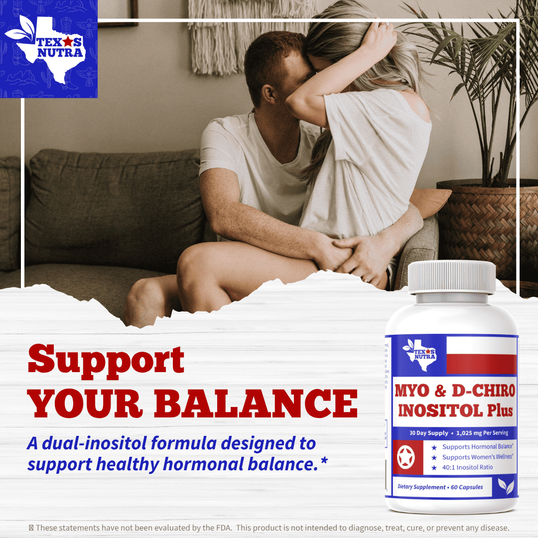 Myo & D-Chiro Inositol Plus dietary supplement bottle, white cap, blue and red label