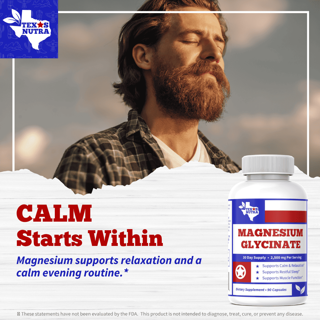 Magnesium glycinate supplement bottle with red/blue label and white cap