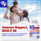 Multivitamin supplement bottle with gray cap; label text for immune support