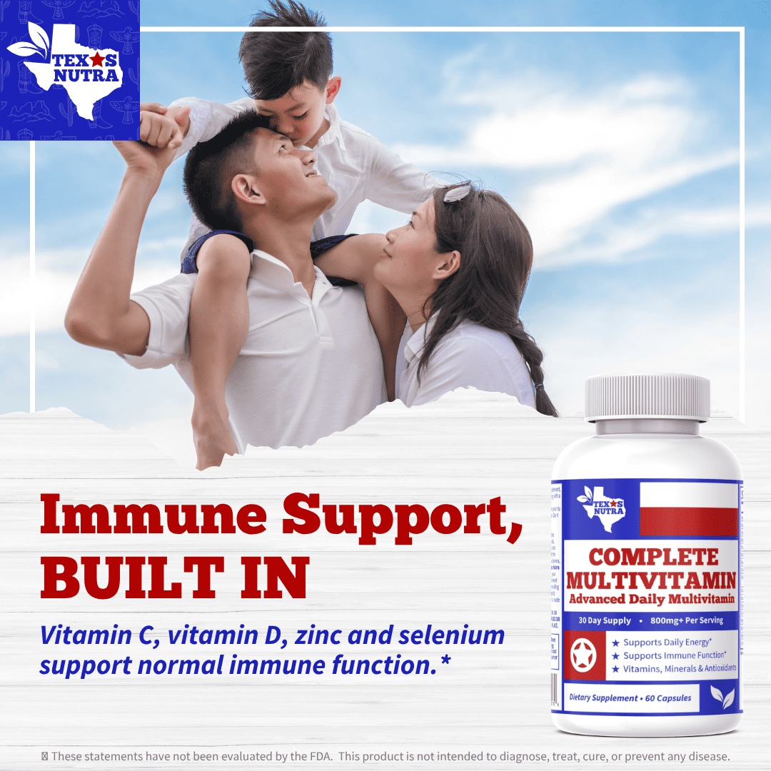 Multivitamin supplement bottle with gray cap; label text for immune support