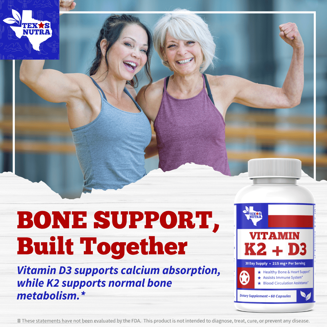 Vitamin K2 + D3 supplement bottle with white cap and blue/red label