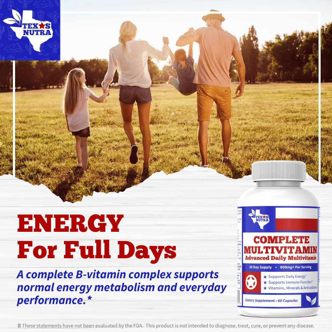Multivitamin supplement bottle with gray cap; label text for daily energy