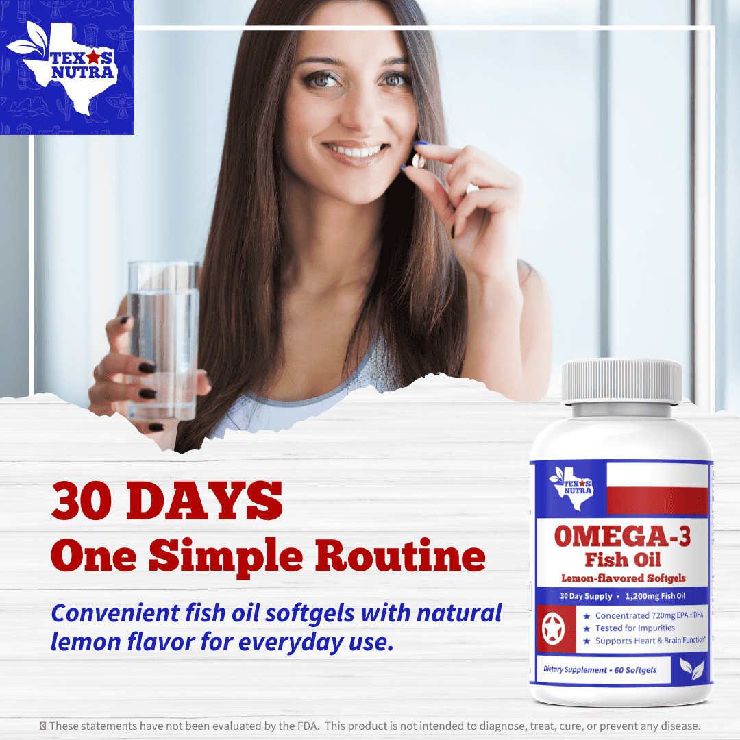Omega-3 Fish Oil softgels bottle with ribbed white cap and front label; ready-to-use supplement.