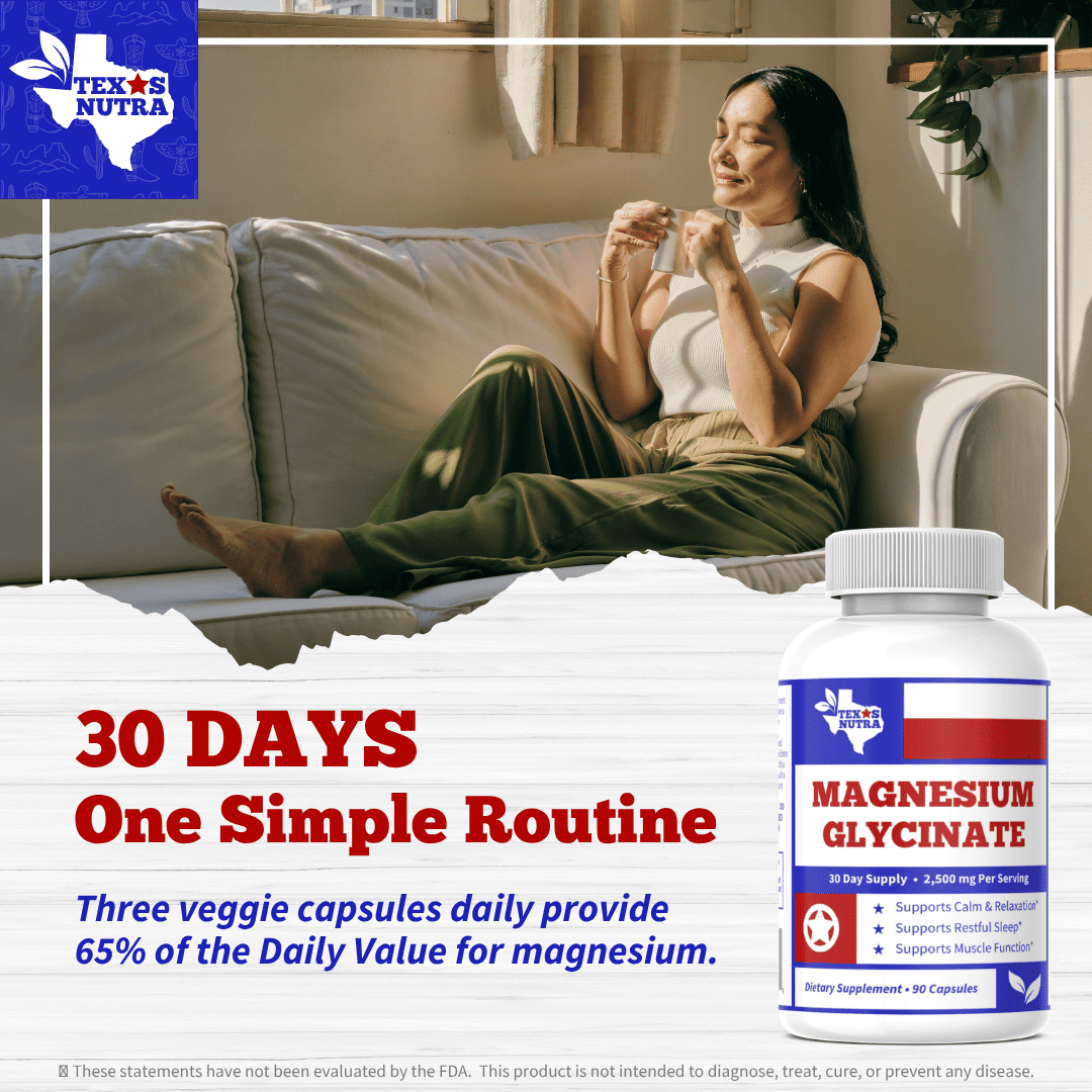 Magnesium glycinate bottle with 30-day supply red/blue label and white cap
