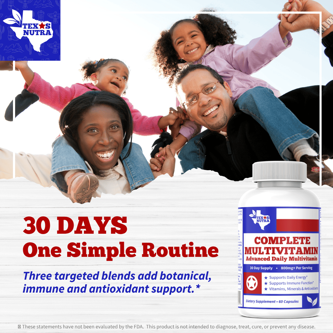 Multivitamin supplement bottle with gray cap; label shows 30 days routine