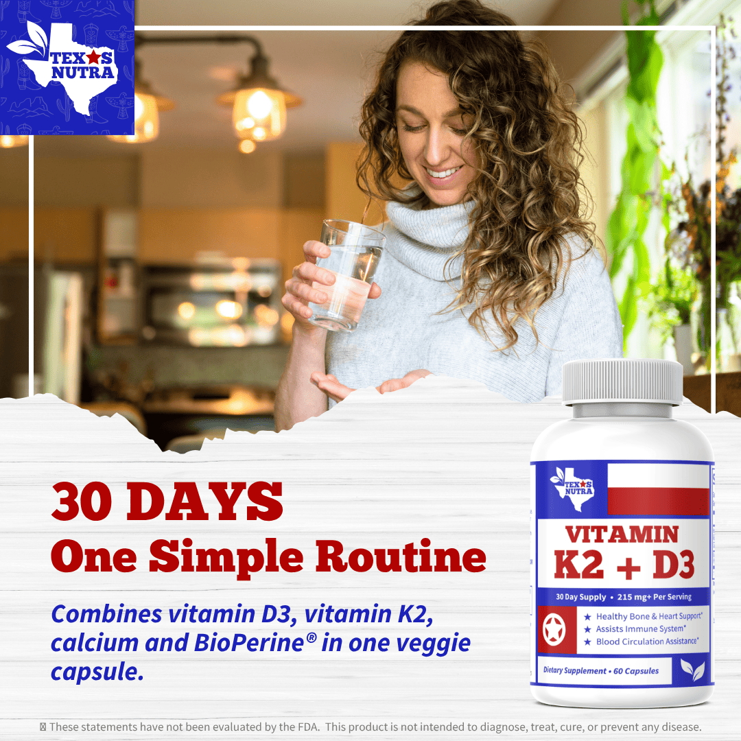 Vitamin K2 + D3 supplement bottle with white ribbed cap and blue/red label