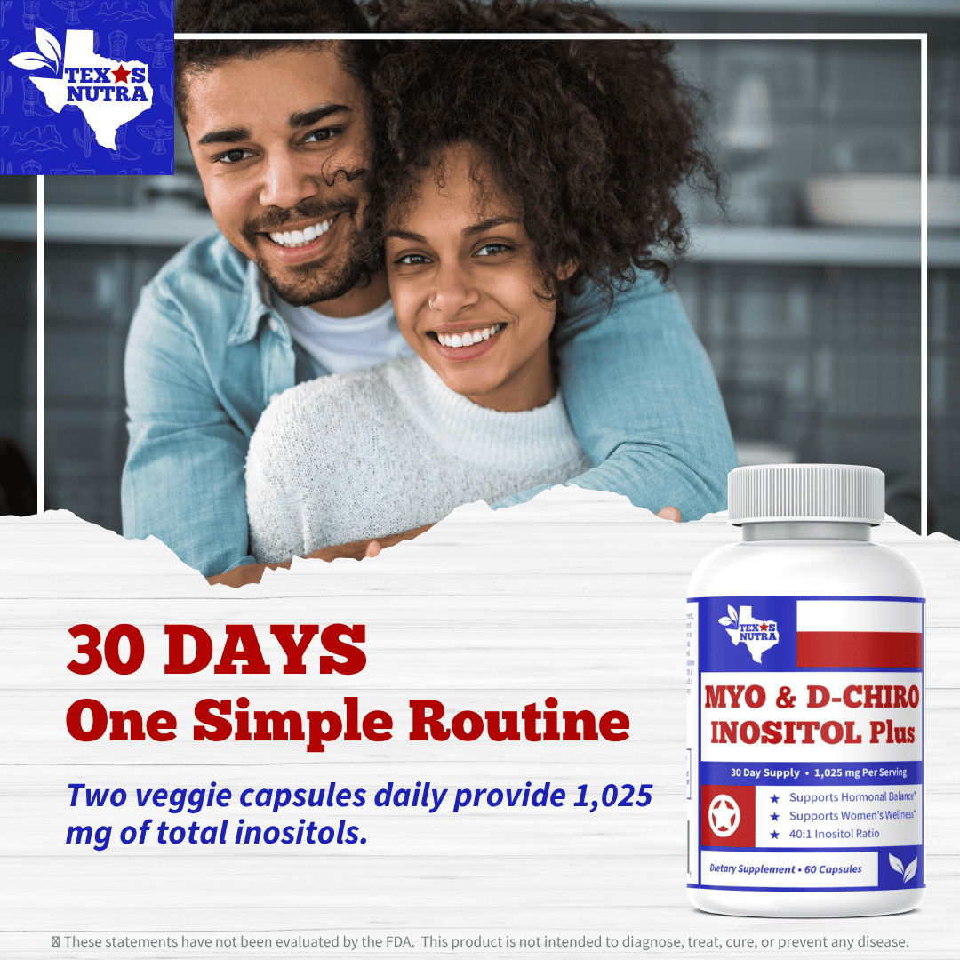 Myo & D-Chiro Inositol Plus bottle with white cap and blue-red front label