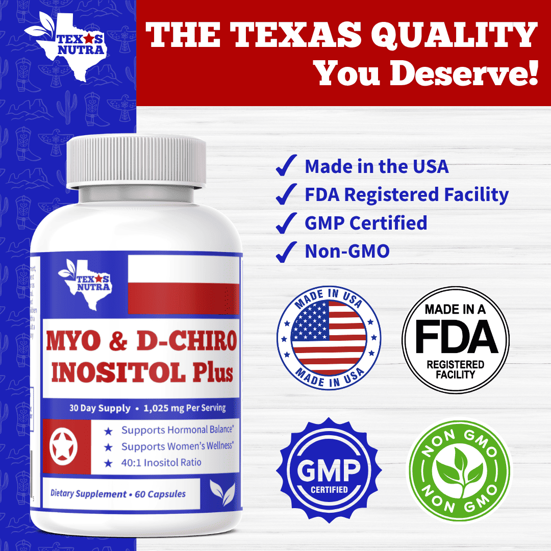 Myo & D-Chiro Inositol Plus dietary supplement bottle with white ribbed cap