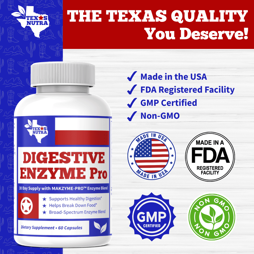 Digestive enzyme supplement bottle with USA, FDA, GMP, and non-GMO badges