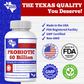 Probiotic 60 Billion bottle with Made in USA, FDA, GMP, and Non-GMO certification badges