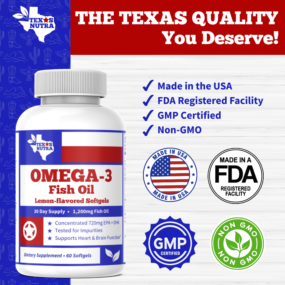 Omega-3 Fish Oil softgels bottle with ribbed white cap and badge icons on front label.