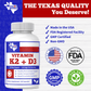 Vitamin K2 + D3 supplement bottle with USA/FDA/GMP badges on label